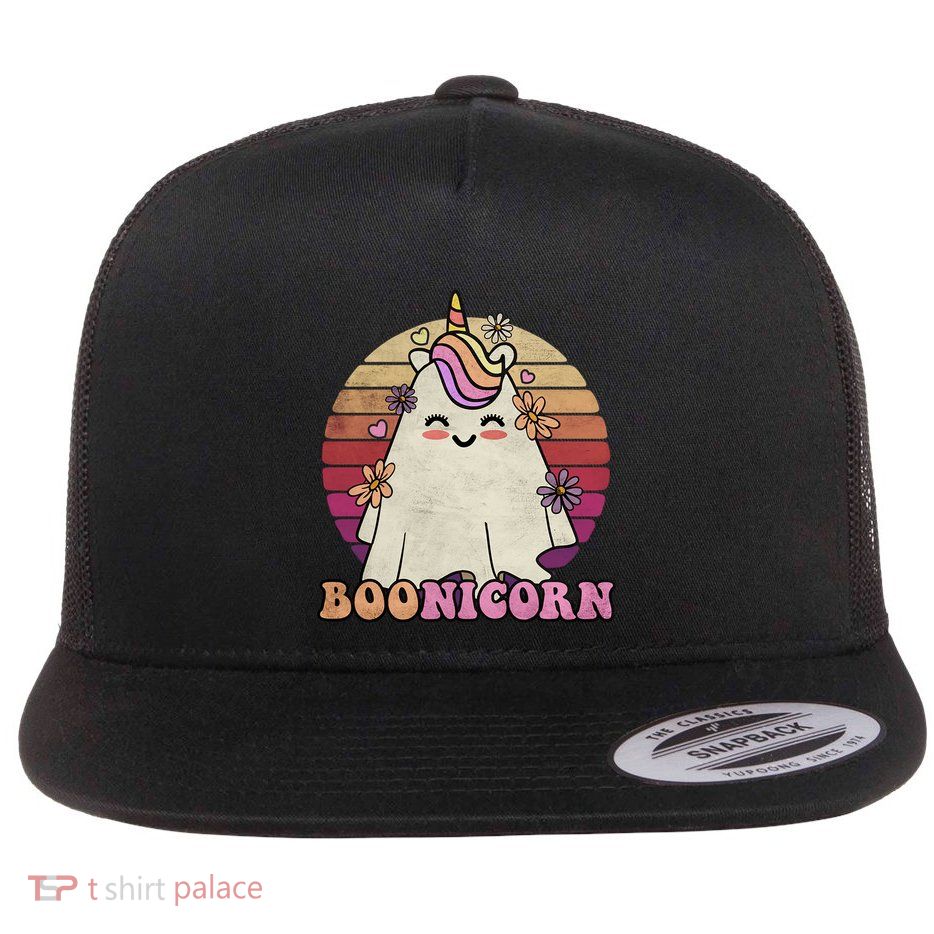 Cute Boonicorn Ghost Pink Bangs Unicorn Boo Groovy Halloween Gift Flatbill Hat