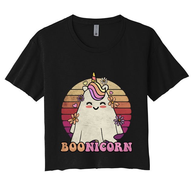 Cute Boonicorn Ghost Pink Bangs Unicorn Boo Groovy Halloween Gift Crop Top