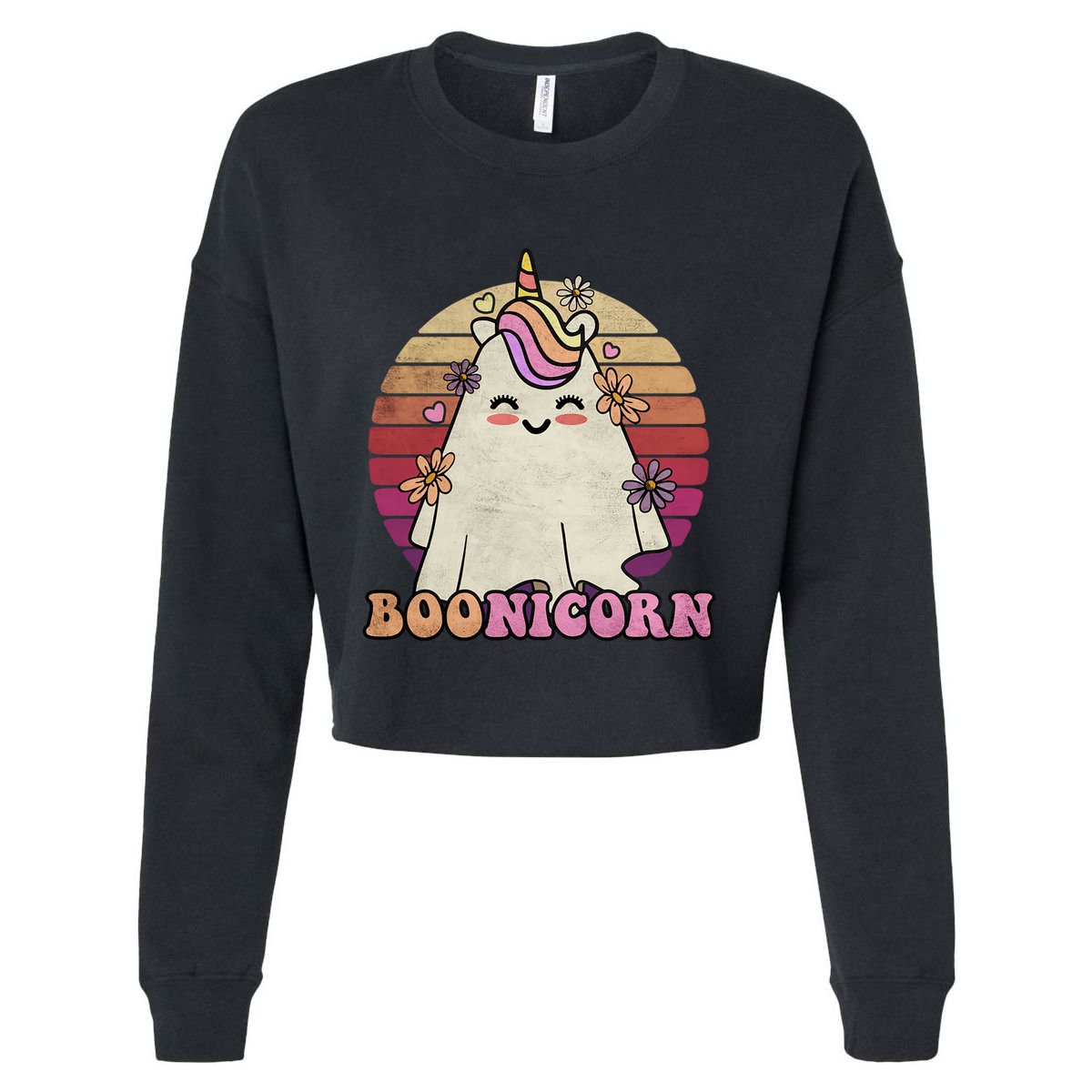 Cute Boonicorn Ghost Pink Bangs Unicorn Boo Groovy Halloween Gift Cropped Pullover Crew