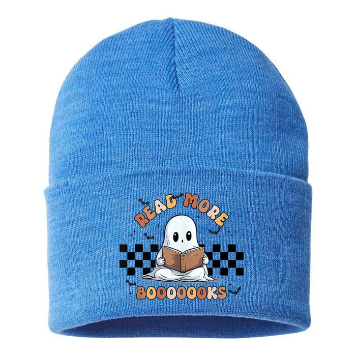 Cute Booooks Ghost Read More Books Funny Teacher Halloween Funny Gift Sustainable Knit Beanie