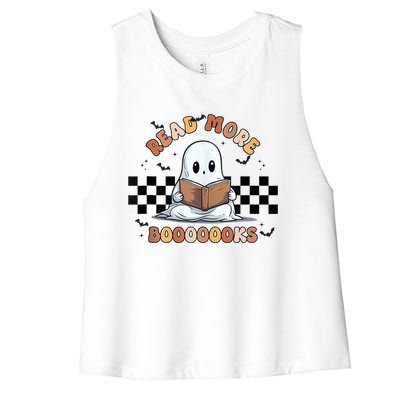 Cute Booooks Ghost Read More Books Funny Teacher Halloween Funny Gift Women's Racerback Cropped Tank