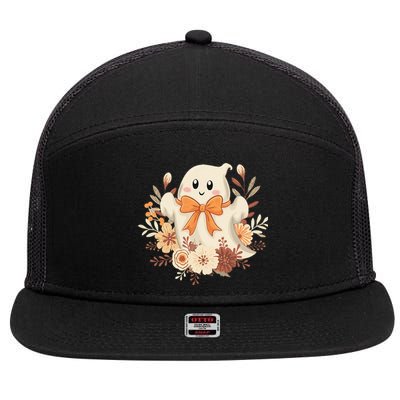 Coquette Bow Ghost Halloween Flower Ghost Spooky Lace Ghost 7 Panel Mesh Trucker Snapback Hat