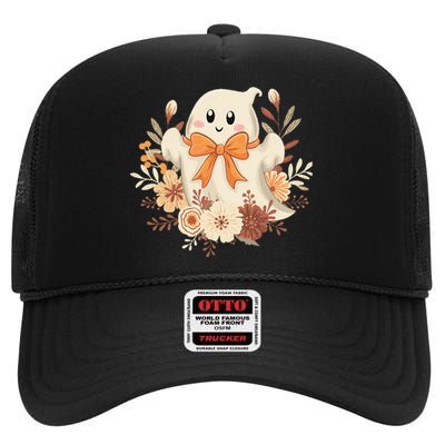 Coquette Bow Ghost Halloween Flower Ghost Spooky Lace Ghost High Crown Mesh Back Trucker Hat