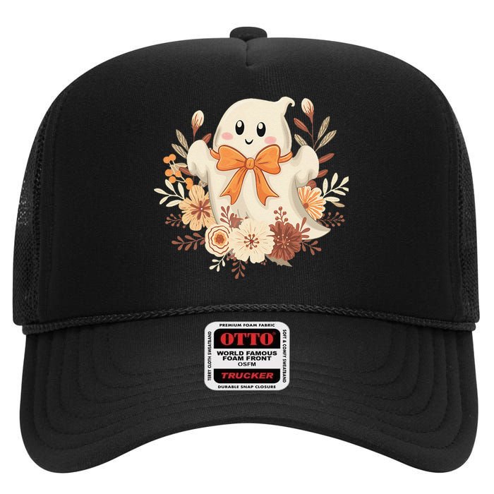 Coquette Bow Ghost Halloween Flower Ghost Spooky Lace Ghost High Crown Mesh Back Trucker Hat