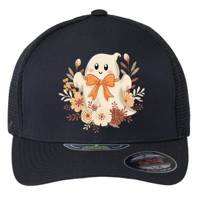 Coquette Bow Ghost Halloween Flower Ghost Spooky Lace Ghost Flexfit Unipanel Trucker Cap