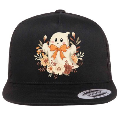 Coquette Bow Ghost Halloween Flower Ghost Spooky Lace Ghost Flat Bill Trucker Hat