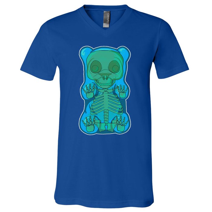 Classic Blue GUMMY BEAR Skeleton Anatomy Halloween V-Neck T-Shirt