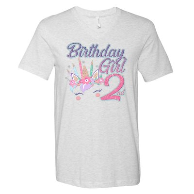 Cute Birthday Girl Second 2nd Birthday Unicorn V-Neck T-Shirt