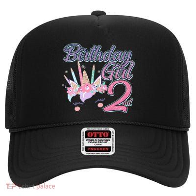 Cute Birthday Girl Second 2nd Birthday Unicorn High Crown Mesh Back Trucker Hat