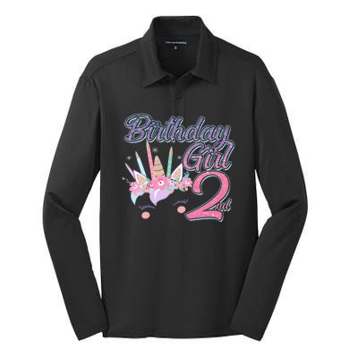 Cute Birthday Girl Second 2nd Birthday Unicorn Silk Touch Performance Long Sleeve Polo