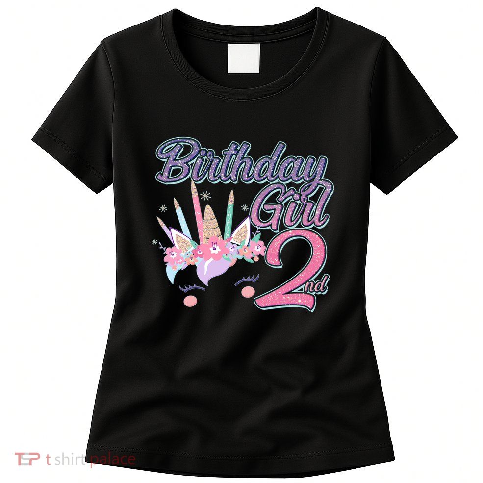 Cute Birthday Girl Second 2nd Birthday Unicorn Womens T-Shirt