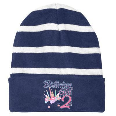 Cute Birthday Girl Second 2nd Birthday Unicorn Striped Beanie with Solid Band