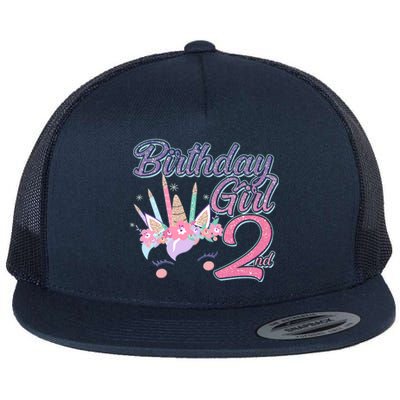 Cute Birthday Girl Second 2nd Birthday Unicorn Flat Bill Trucker Hat