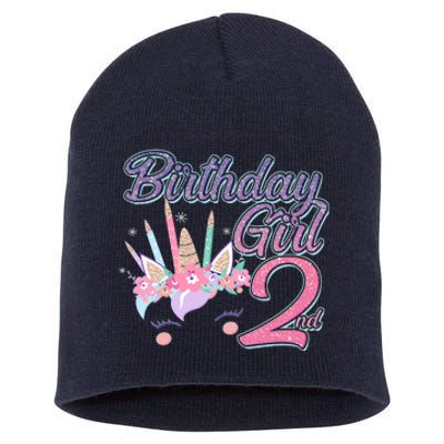 Cute Birthday Girl Second 2nd Birthday Unicorn Short Acrylic Beanie