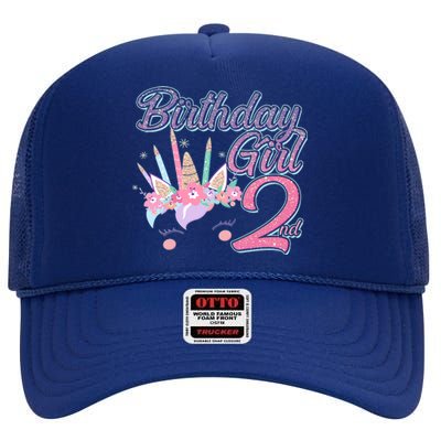 Cute Birthday Girl Second 2nd Birthday Unicorn High Crown Mesh Back Trucker Hat