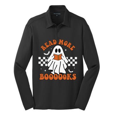 Cute Booooks Ghost Read More Books Funny Teacher Halloween Silk Touch Performance Long Sleeve Polo