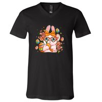 Cute Bunny Glasses Easter Day Gift Easter Egg V-Neck T-Shirt