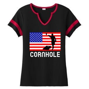 Cornhole Board Game American Flag Corn Hole Player Ladies Halftime Notch Neck Tee