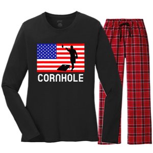 Cornhole Board Game American Flag Corn Hole Player Women's Long Sleeve Flannel Pajama Set 