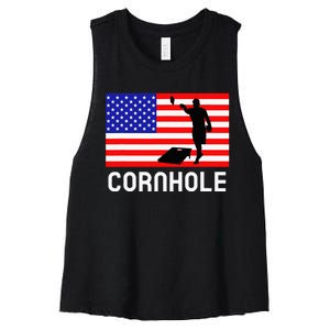 Cornhole Board Game American Flag Corn Hole Player Women's Racerback Cropped Tank