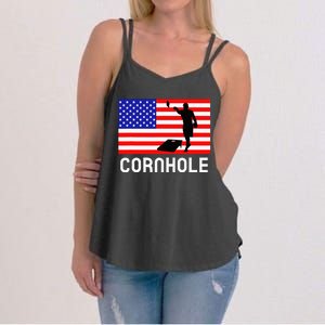 Cornhole Board Game American Flag Corn Hole Player Women's Strappy Tank