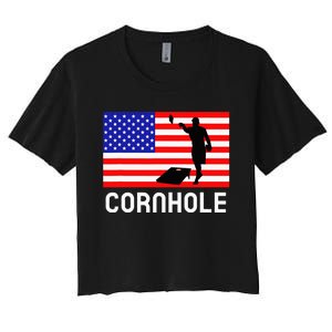 Cornhole Board Game American Flag Corn Hole Player Women's Crop Top Tee