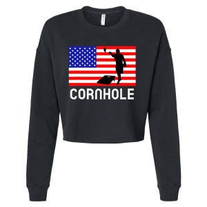 Cornhole Board Game American Flag Corn Hole Player Cropped Pullover Crew