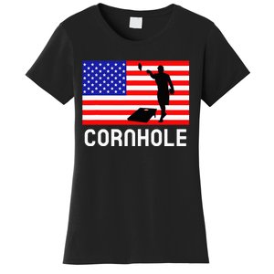 Cornhole Board Game American Flag Corn Hole Player Women's T-Shirt