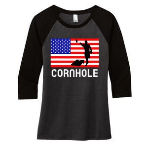 Cornhole Board Game American Flag Corn Hole Player Women's Tri-Blend 3/4-Sleeve Raglan Shirt