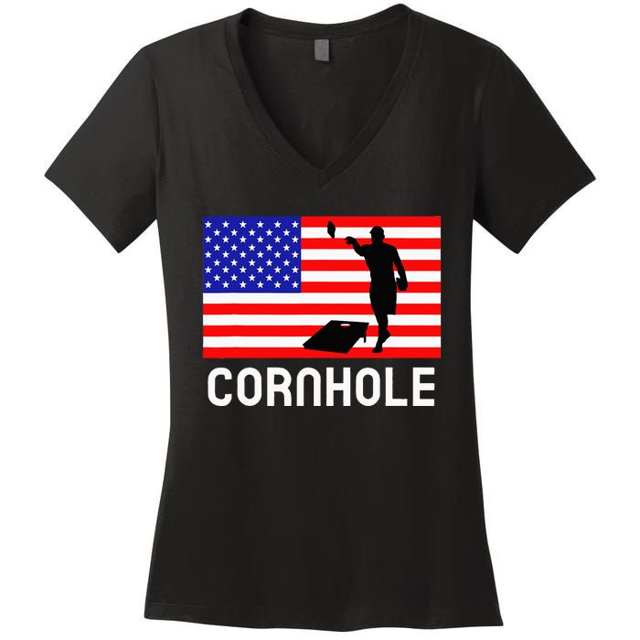 Cornhole Board Game American Flag Corn Hole Player Women's V-Neck T-Shirt