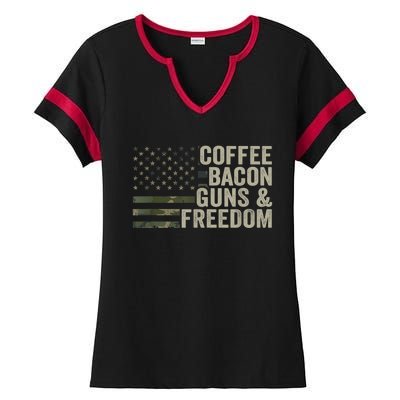 Coffee Bacon Guns & Freedom BBQ Grill Gun Camouflage Flag Ladies Halftime Notch Neck Tee