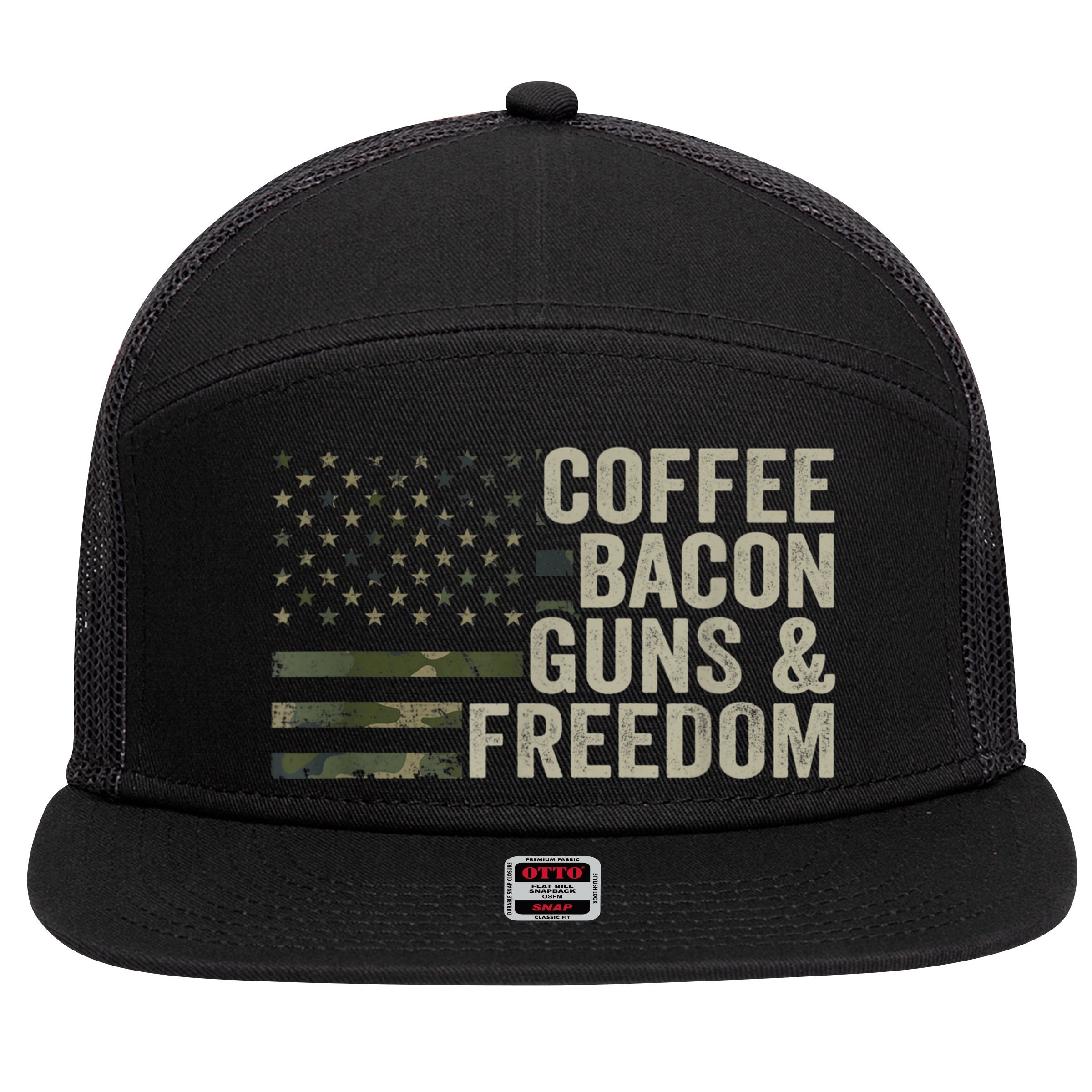 Coffee Bacon Guns & Freedom BBQ Grill Gun Camouflage Flag 7 Panel Mesh Trucker Snapback Hat