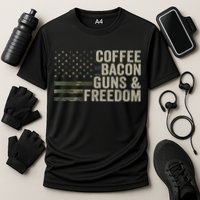 Coffee Bacon Guns & Freedom BBQ Grill Gun Camouflage Flag Cooling Performance Crew T-Shirt
