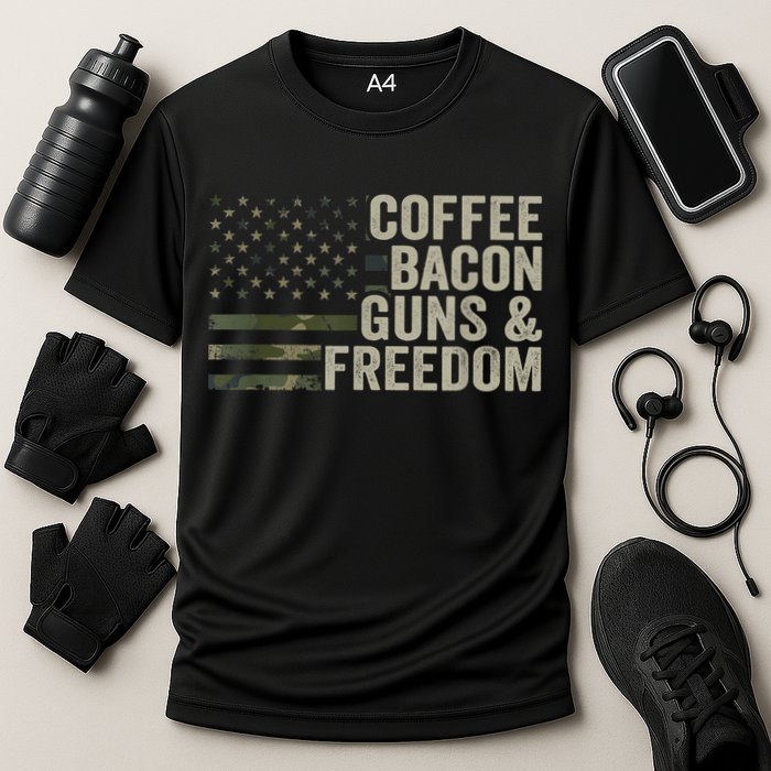 Coffee Bacon Guns & Freedom BBQ Grill Gun Camouflage Flag Cooling Performance Crew T-Shirt