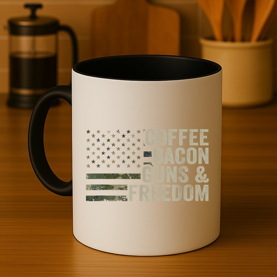 Coffee Bacon Guns & Freedom BBQ Grill Gun Camouflage Flag Mug