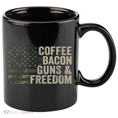 Coffee Bacon Guns & Freedom BBQ Grill Gun Camouflage Flag 11oz C Handle Ceramic Mug