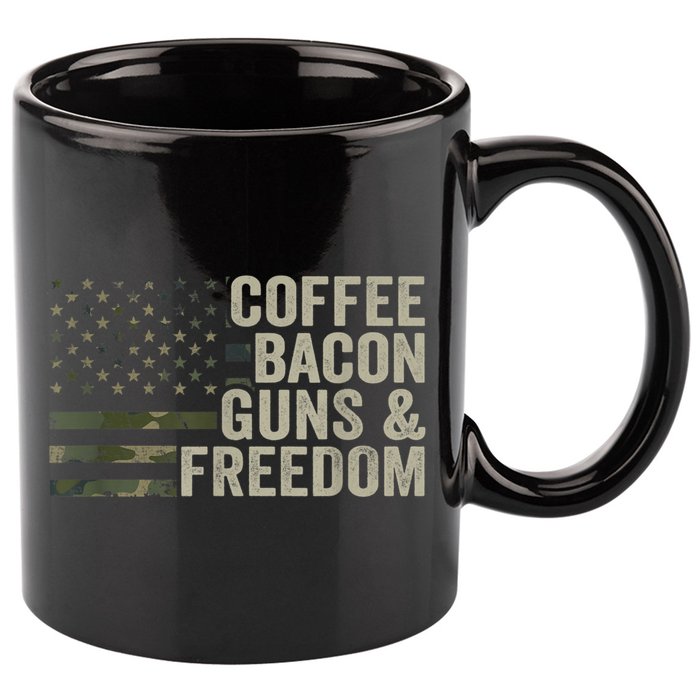 Coffee Bacon Guns & Freedom BBQ Grill Gun Camouflage Flag 11oz C Handle Ceramic Mug