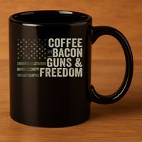 Coffee Bacon Guns & Freedom BBQ Grill Gun Camouflage Flag 11oz C Handle Ceramic Mug
