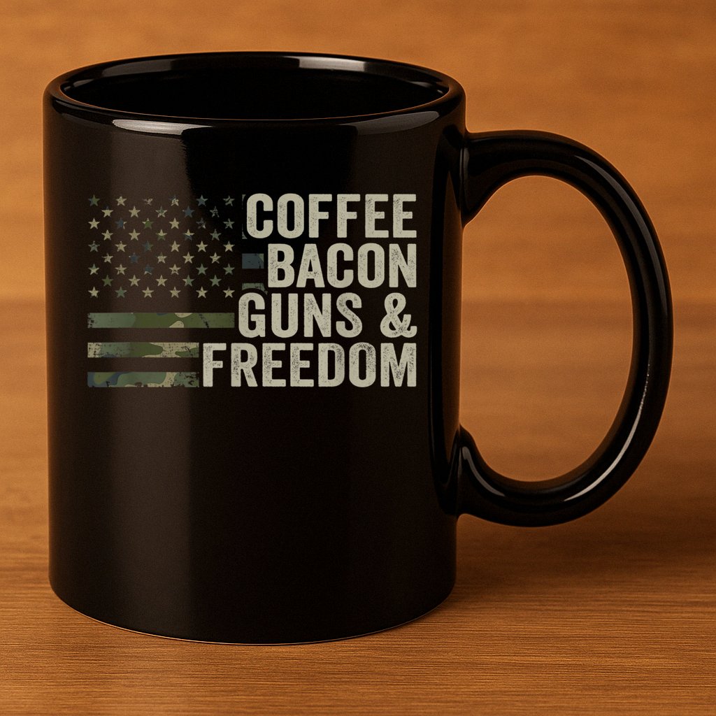 Coffee Bacon Guns & Freedom BBQ Grill Gun Camouflage Flag 11oz C Handle Ceramic Mug