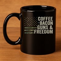 Coffee Bacon Guns & Freedom BBQ Grill Gun Camouflage Flag 11oz C Handle Ceramic Mug