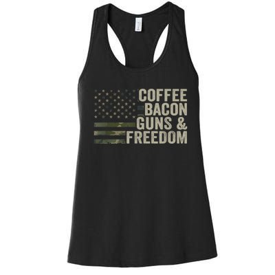 Coffee Bacon Guns & Freedom BBQ Grill Gun Camouflage Flag Women's Racerback Tank