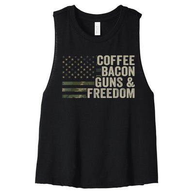 Coffee Bacon Guns & Freedom BBQ Grill Gun Camouflage Flag Women's Racerback Cropped Tank