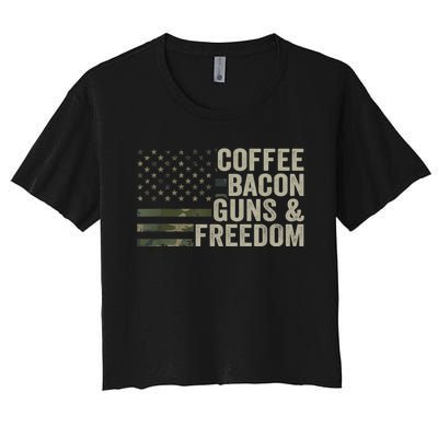 Coffee Bacon Guns & Freedom BBQ Grill Gun Camouflage Flag Women's Crop Top Tee