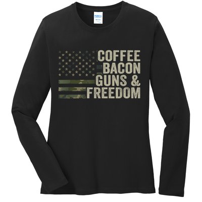 Coffee Bacon Guns & Freedom BBQ Grill Gun Camouflage Flag Ladies Long Sleeve Shirt