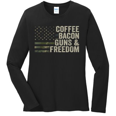 Coffee Bacon Guns & Freedom BBQ Grill Gun Camouflage Flag Ladies Long Sleeve Shirt