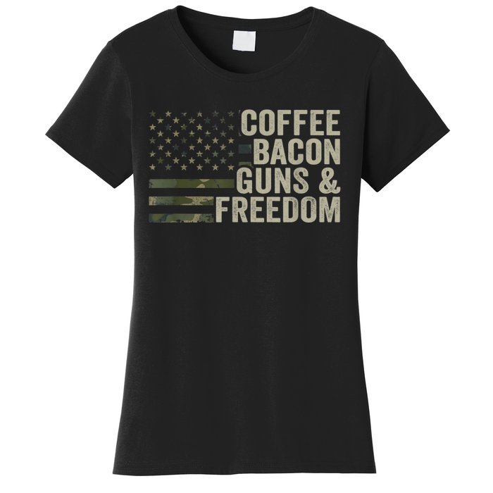 Coffee Bacon Guns & Freedom BBQ Grill Gun Camouflage Flag Women's T-Shirt