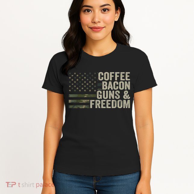 Coffee Bacon Guns & Freedom BBQ Grill Gun Camouflage Flag Womens T-Shirt