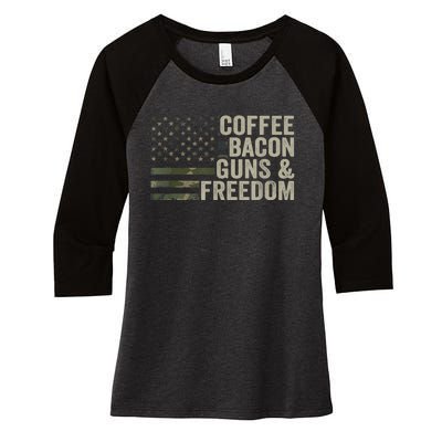 Coffee Bacon Guns & Freedom BBQ Grill Gun Camouflage Flag Women's Tri-Blend 3/4-Sleeve Raglan Shirt