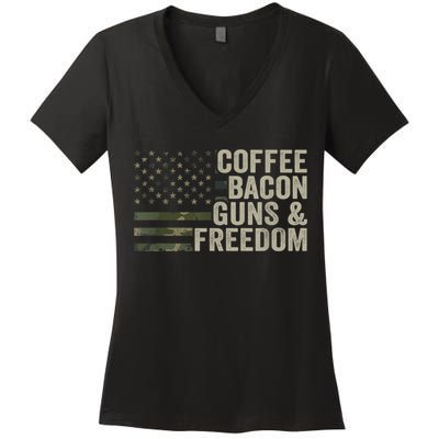 Coffee Bacon Guns & Freedom BBQ Grill Gun Camouflage Flag Women's V-Neck T-Shirt
