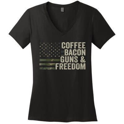 Coffee Bacon Guns & Freedom BBQ Grill Gun Camouflage Flag Women's V-Neck T-Shirt